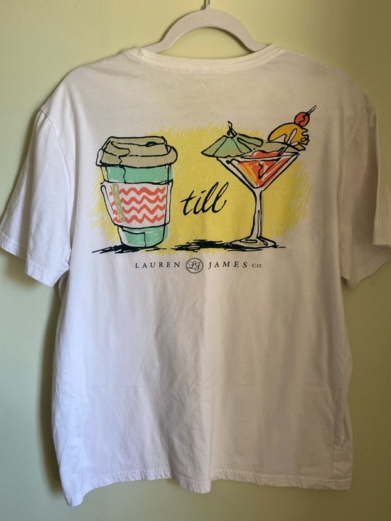 Lauren James Tops - Lauren James Coffee Till Cocktails White Short-Sleeve Tropical Graphic Tee